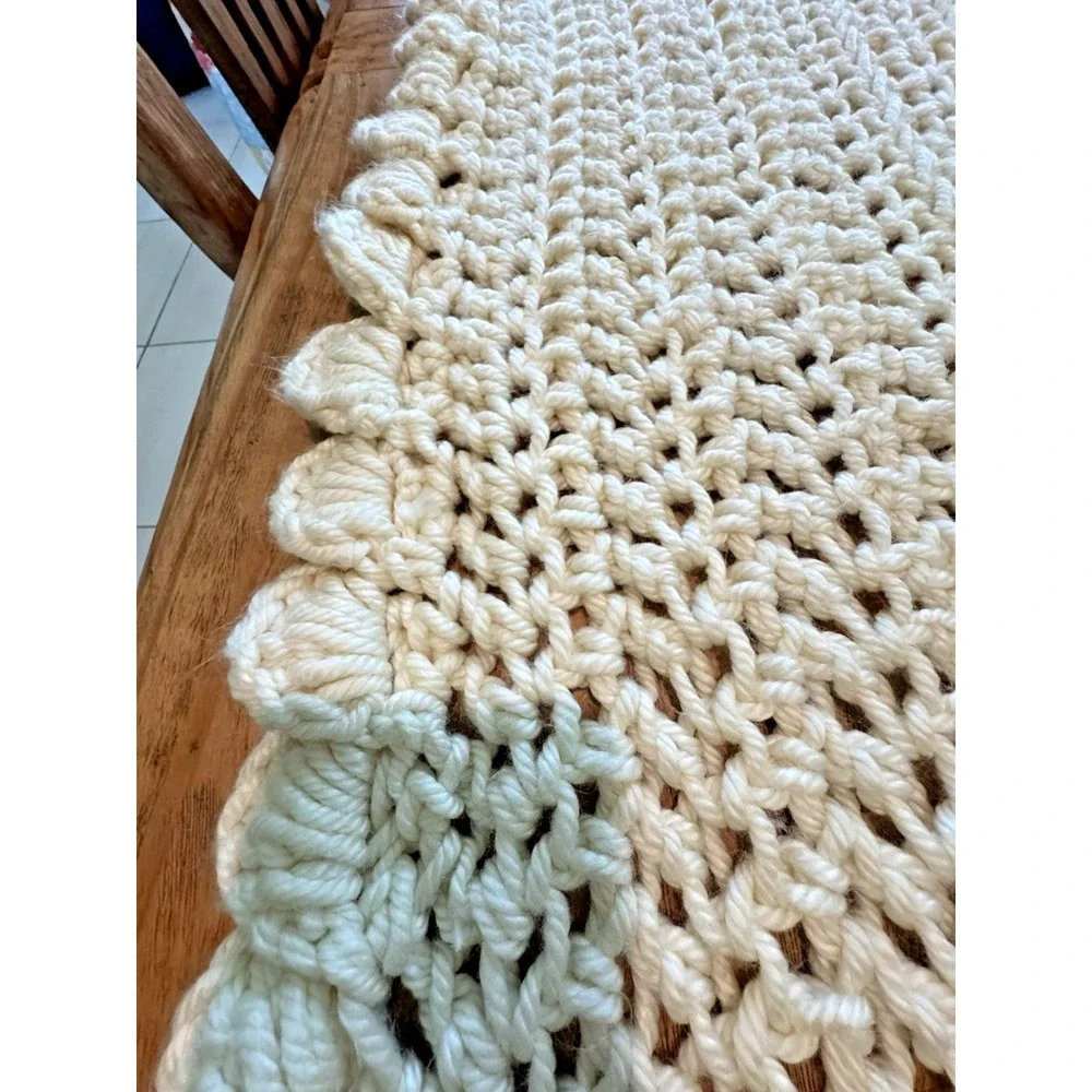 Afghan Blanket Wrap Crochet Handmade Bulky Chunky Baby Lap Ivory 45 X 39